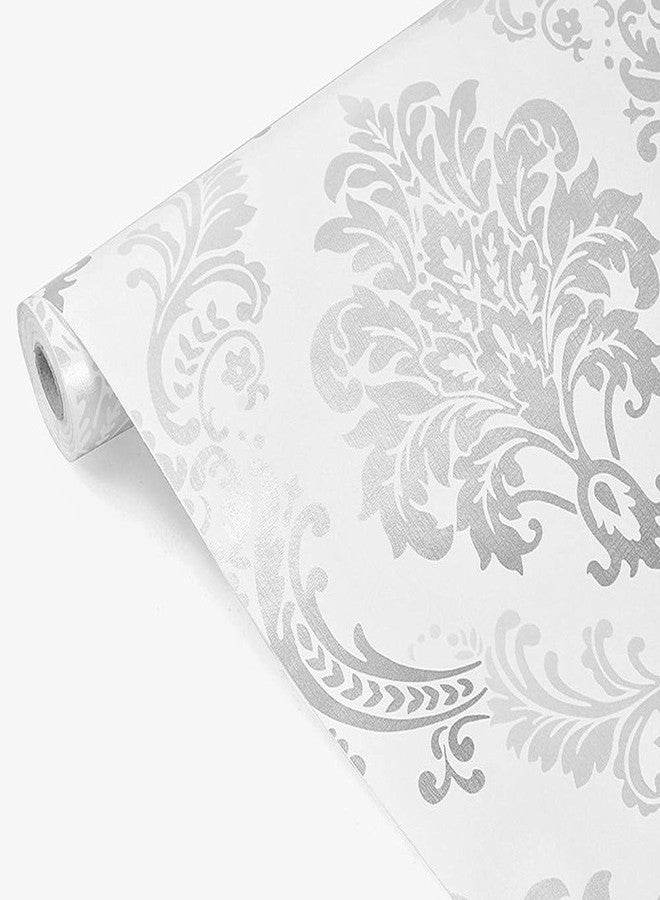 Yija ورق جدران فينيل لاصق من Yija Vintage White - Silver Floral Damasc، مناسب للخزائن والأدراج والمطابخ، مقاس 17.7 بوصة × 98 بوصة - Image 1